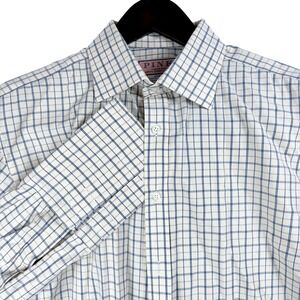 Thomas Pink Mens 16.5 35 Dress Shirt Blue Tan Check French Cuff Made in Ireland